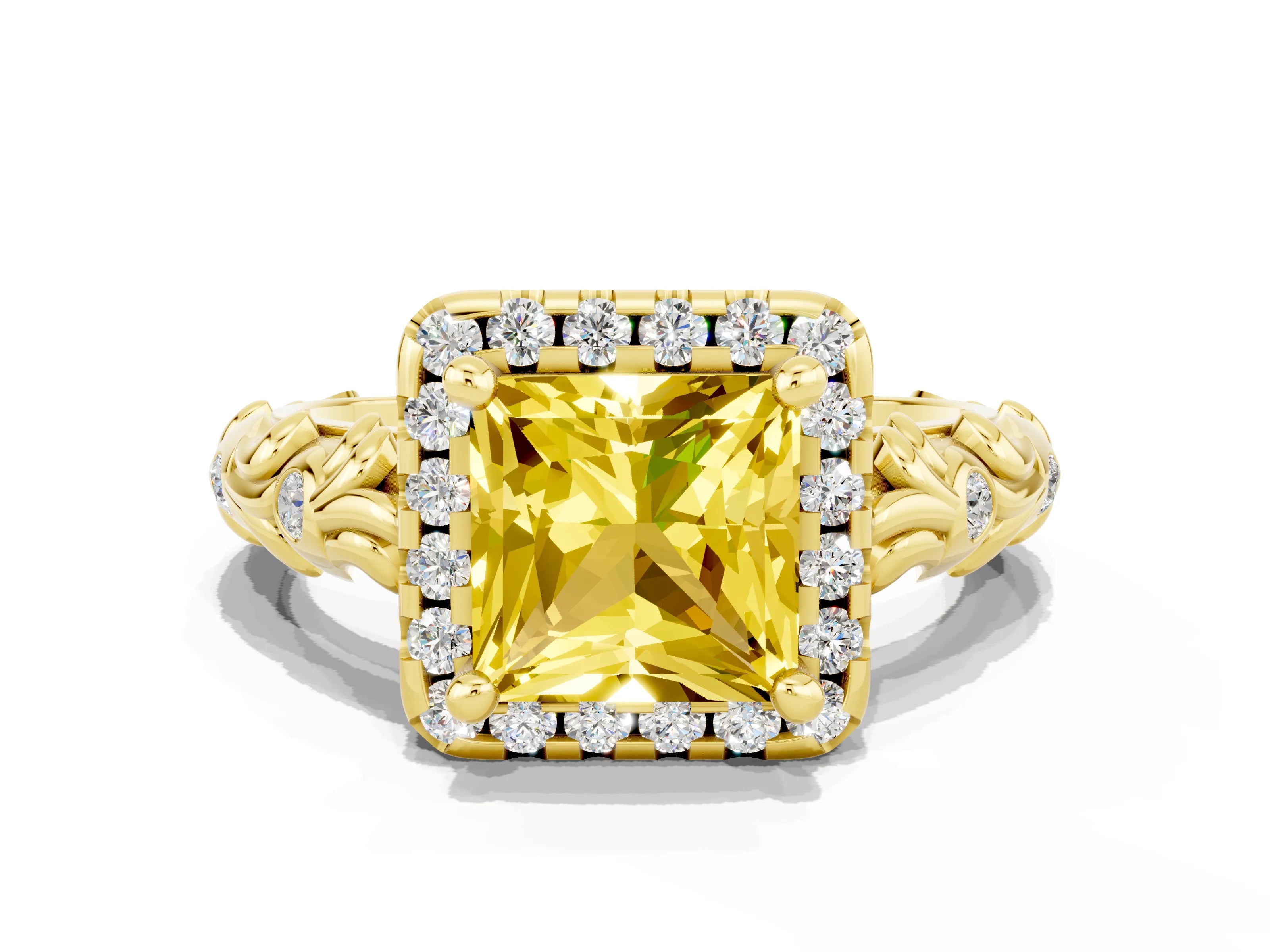 Yellow gold Princess Cut Halo Diamond Solitaire with Filigree Band and Four-Prong Setting