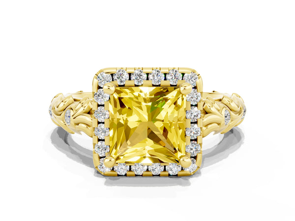 Yellow gold Princess Cut Yellow Sapphire Halo Ring with Filigree Band and Prong Setting