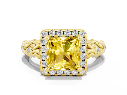 Yellow gold Princess Cut Halo Diamond Solitaire with Filigree Band and Four-Prong Setting