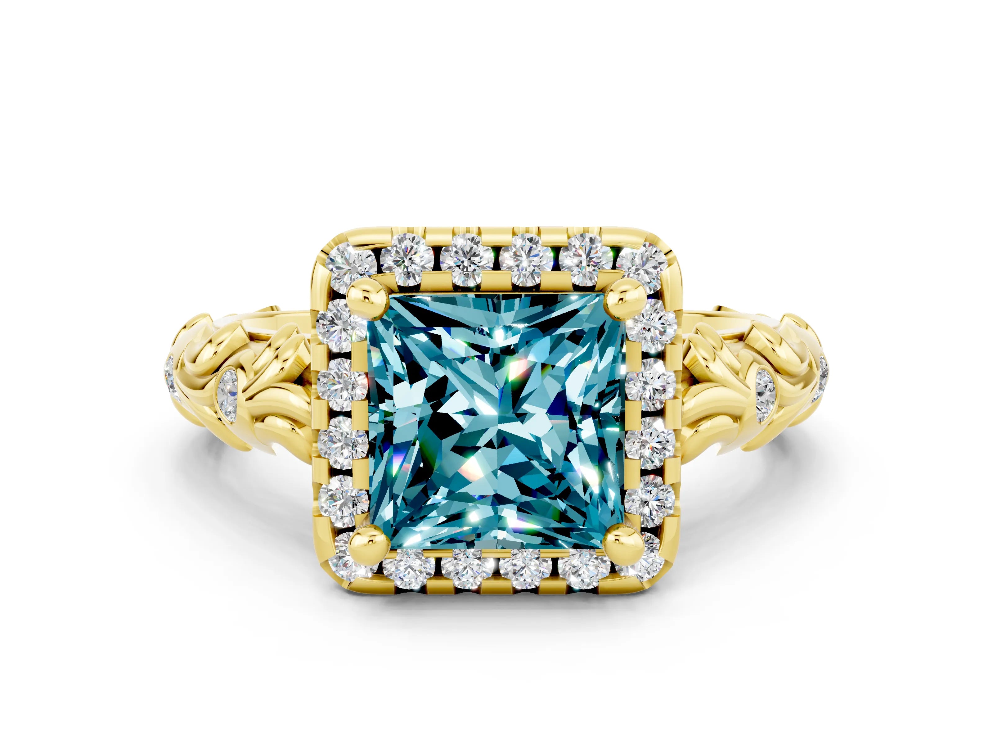 Yellow gold Princess Cut Halo Diamond Solitaire with Filigree Band and Four-Prong Setting