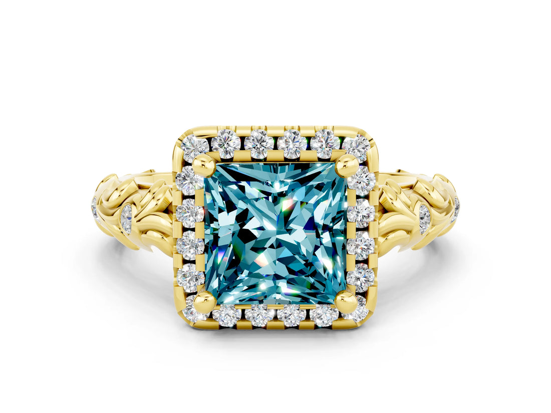 Yellow gold Princess Cut Halo Diamond Solitaire with Filigree Band and Four-Prong Setting