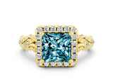 Yellow gold Princess Cut Halo Diamond Solitaire with Filigree Band and Four-Prong Setting