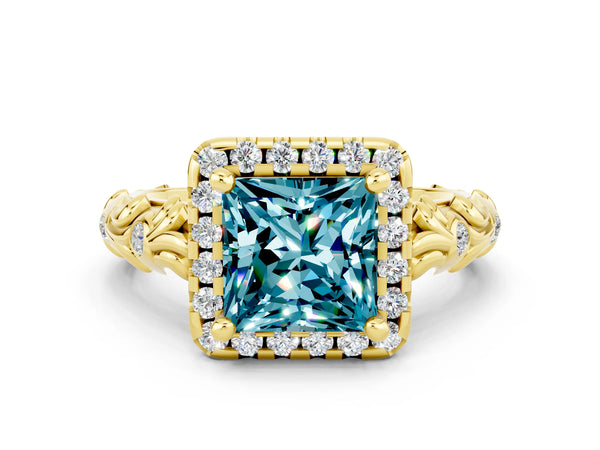 Yellow gold Princess Cut Halo Diamond Solitaire with Filigree Band and Four-Prong Setting