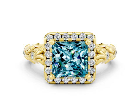 Yellow gold Princess Cut Halo Diamond Solitaire with Filigree Band and Four-Prong Setting