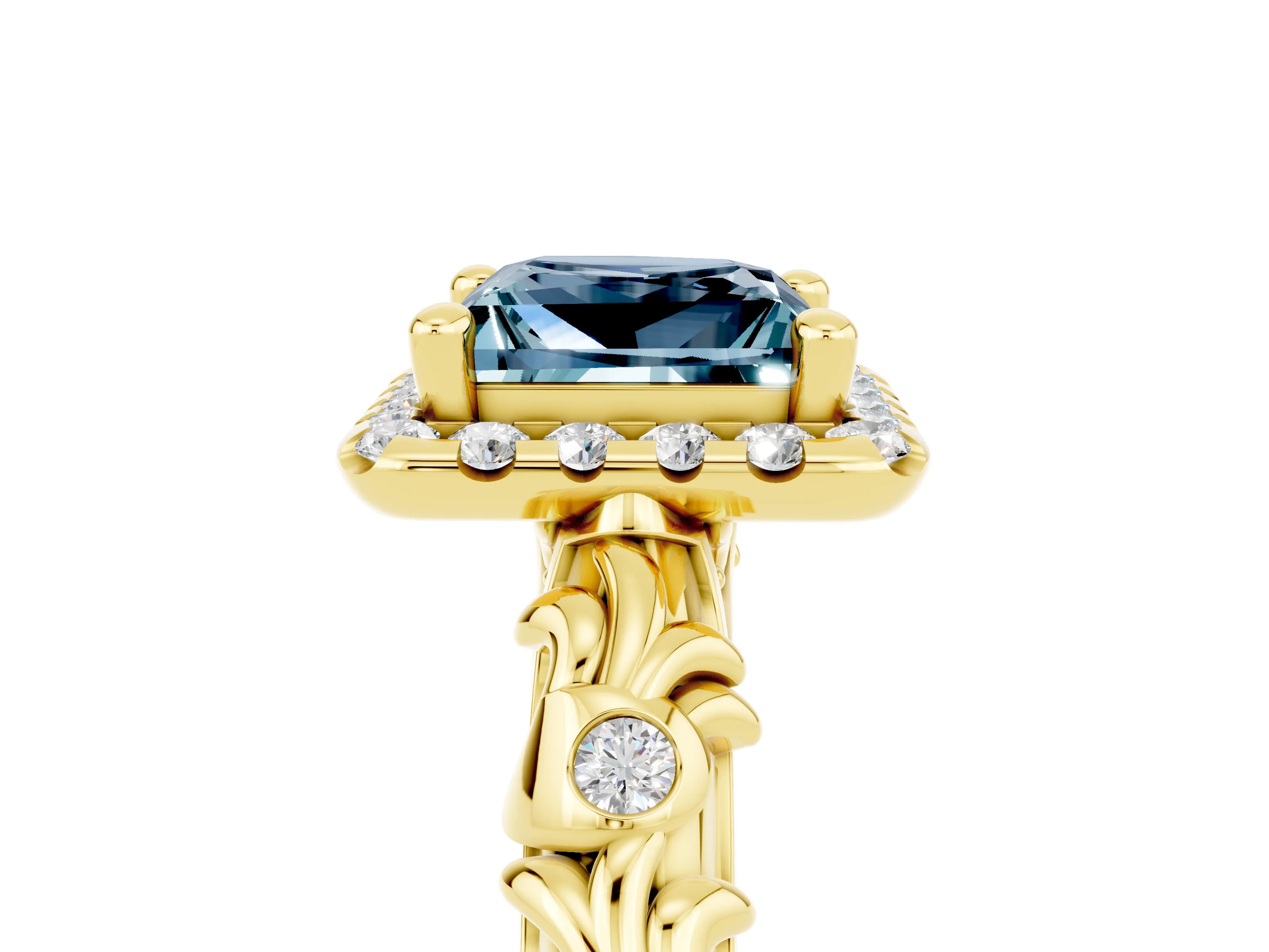 Yellow gold Princess Cut Halo Diamond Solitaire with Filigree Band and Four-Prong Setting_5