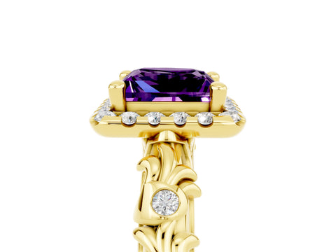 Yellow gold Princess Cut Halo Diamond Solitaire with Filigree Band and Four-Prong Setting_5