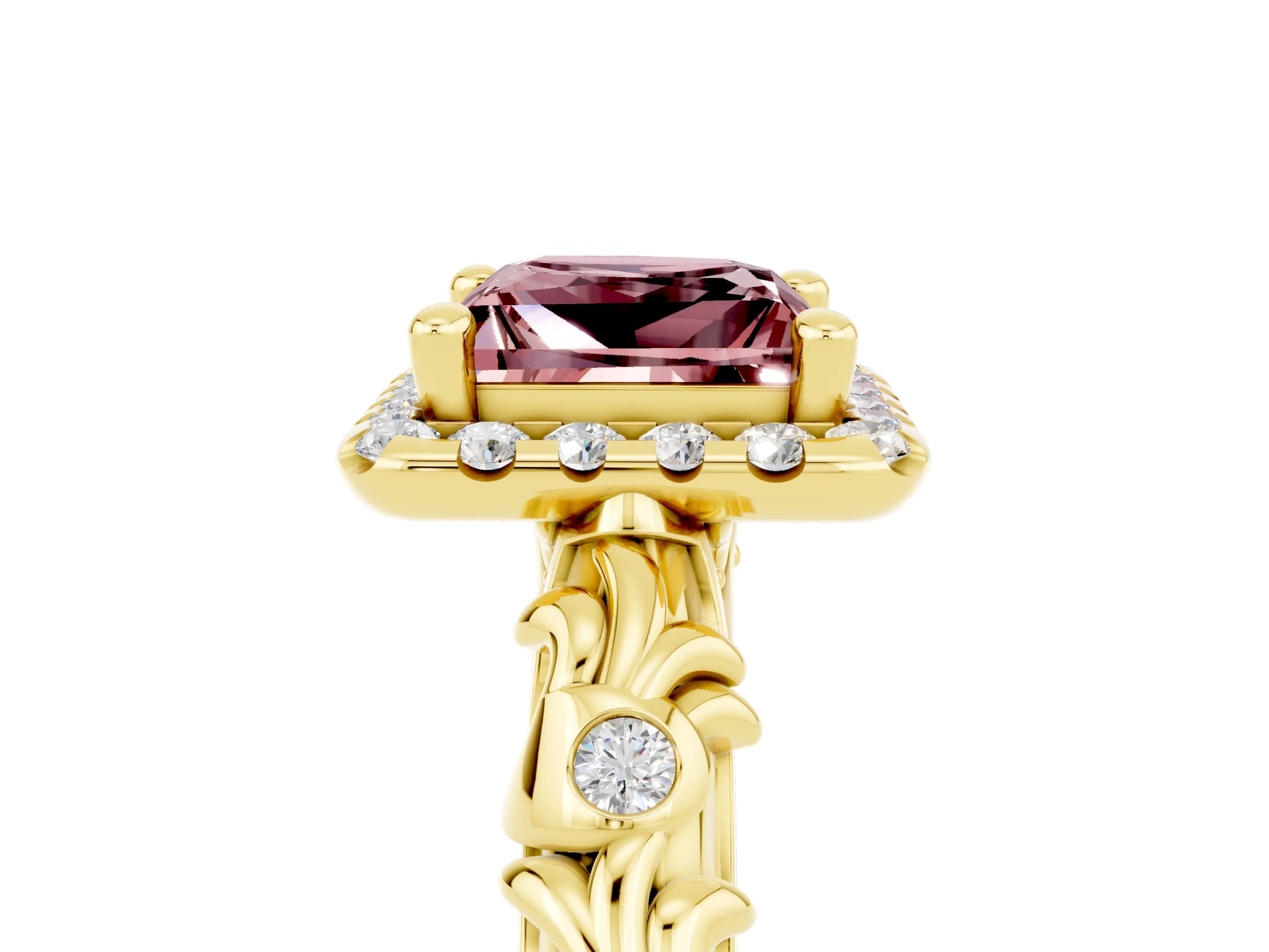 Yellow gold Princess Cut Halo Diamond Solitaire with Filigree Band and Four-Prong Setting_5