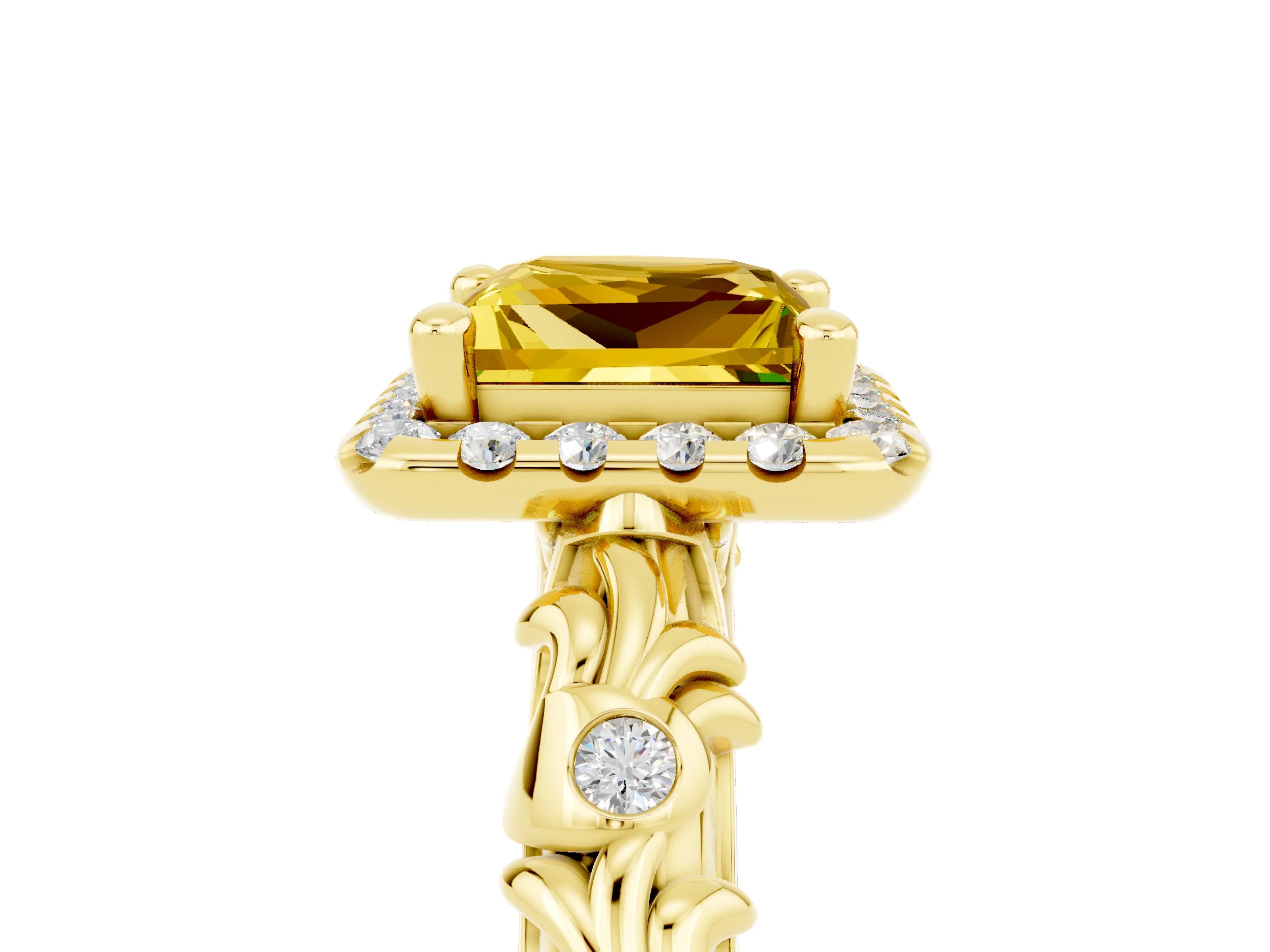 Yellow gold Princess Cut Halo Diamond Solitaire with Filigree Band and Four-Prong Setting_5