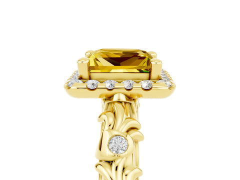 Yellow gold Princess Cut Halo Diamond Solitaire with Filigree Band and Four-Prong Setting_5
