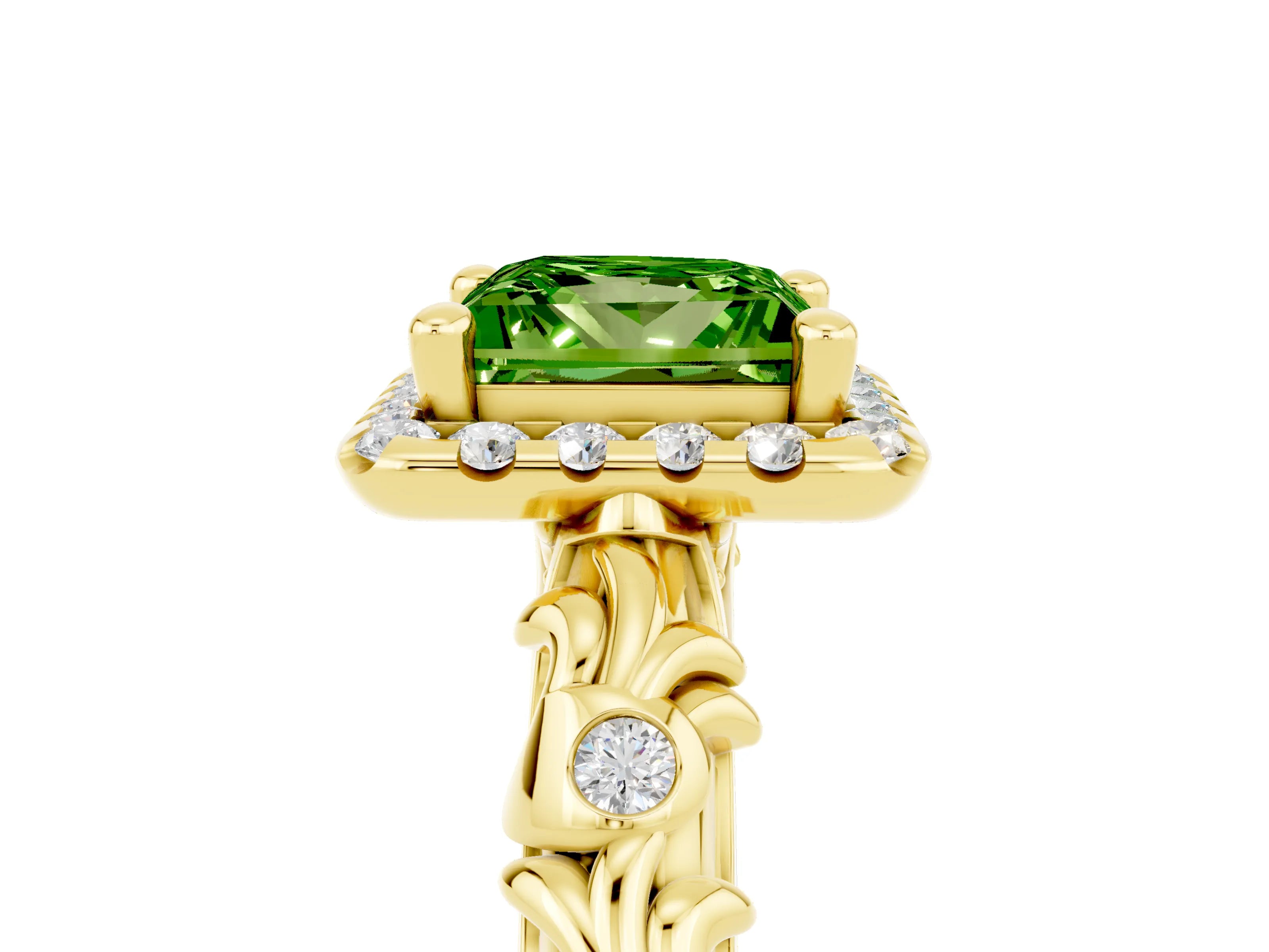 Yellow gold Princess Cut Halo Diamond Solitaire with Filigree Band and Four-Prong Setting_5