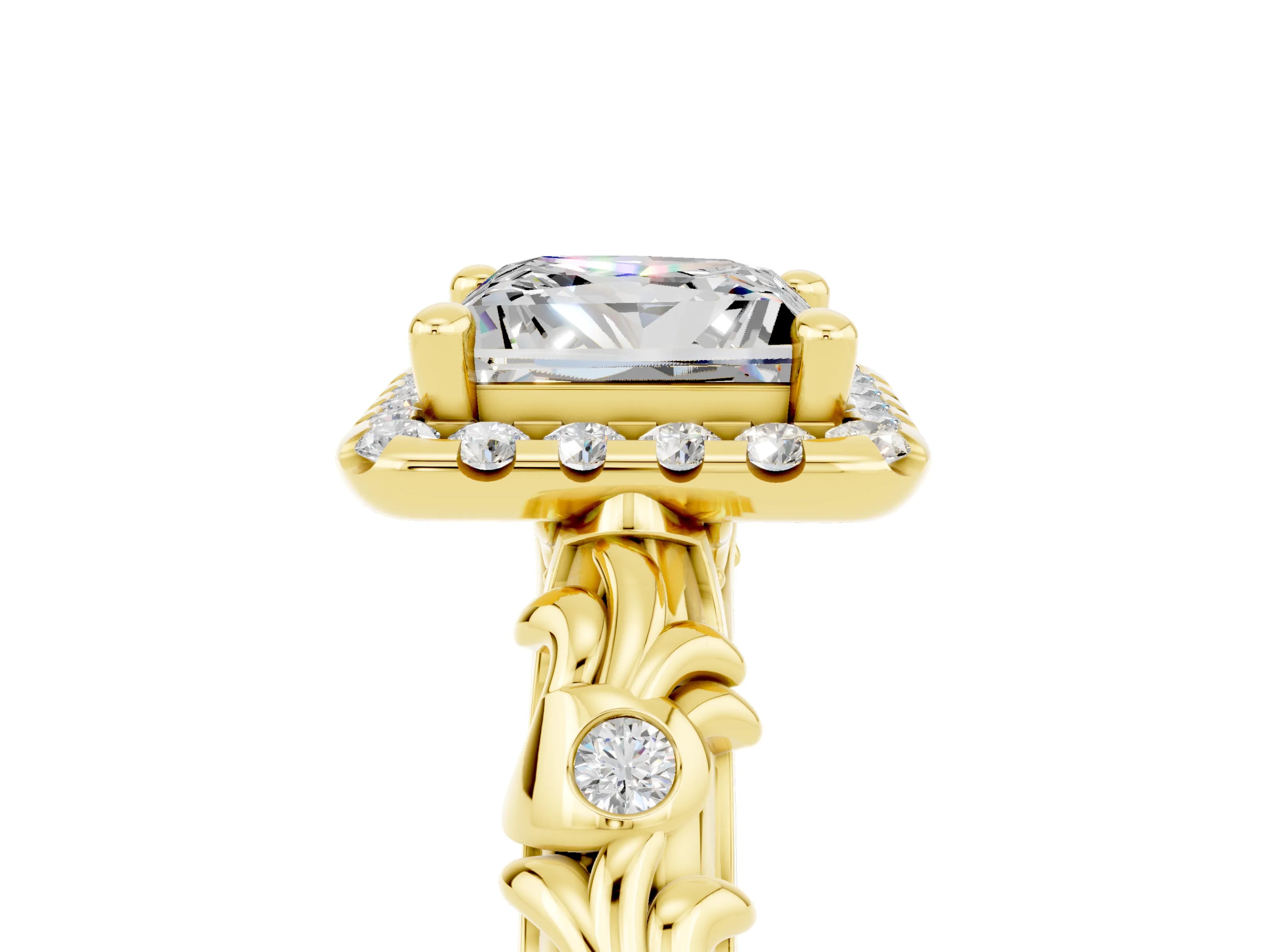 Yellow gold Princess Cut Halo Diamond Solitaire with Filigree Band and Four-Prong Setting_5