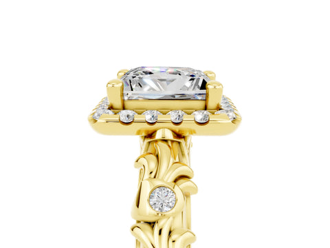 Yellow gold Princess Cut Halo Diamond Solitaire with Filigree Band and Four-Prong Setting_5