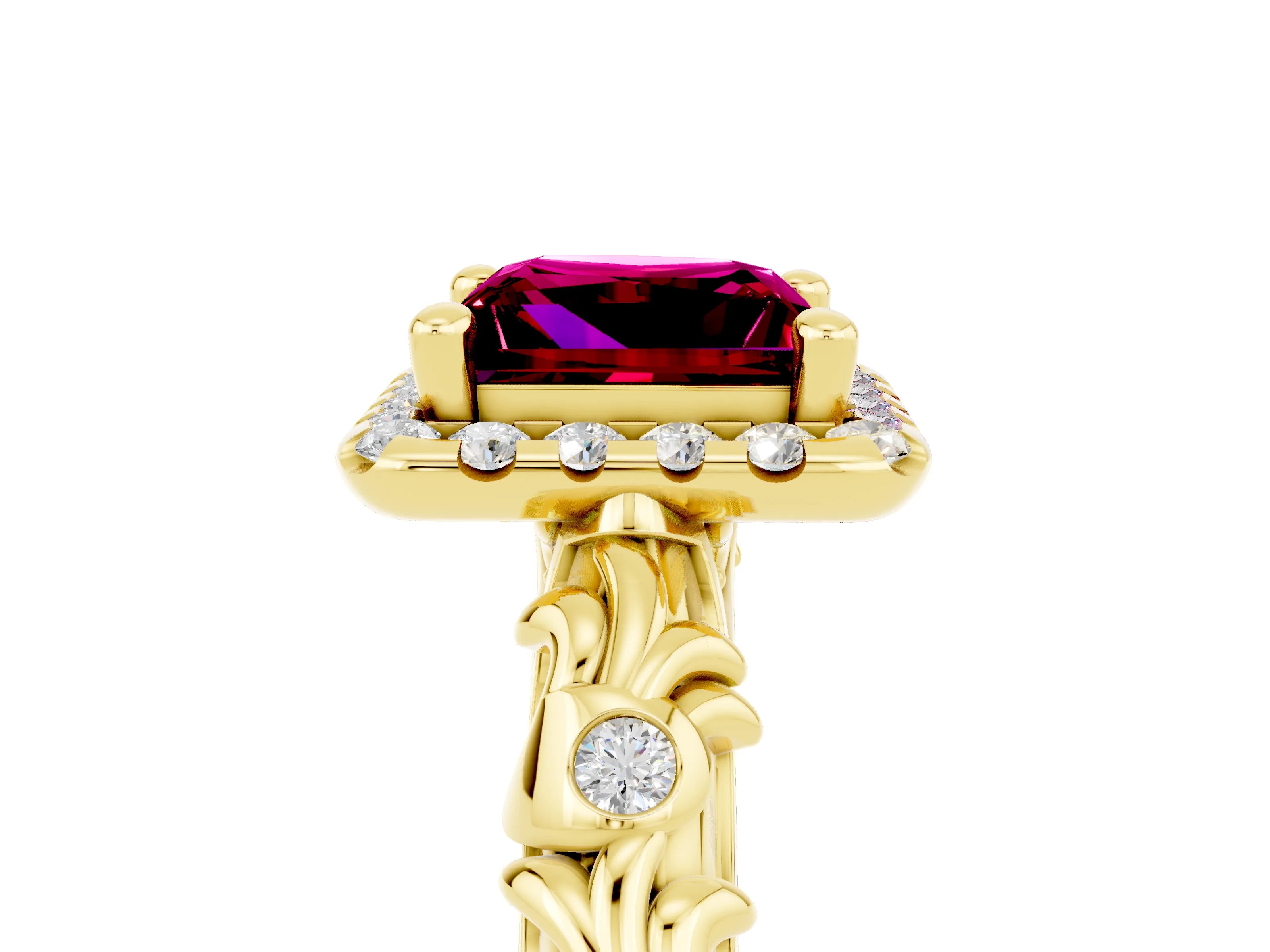 Yellow gold Princess Cut Halo Diamond Solitaire with Filigree Band and Four-Prong Setting_5