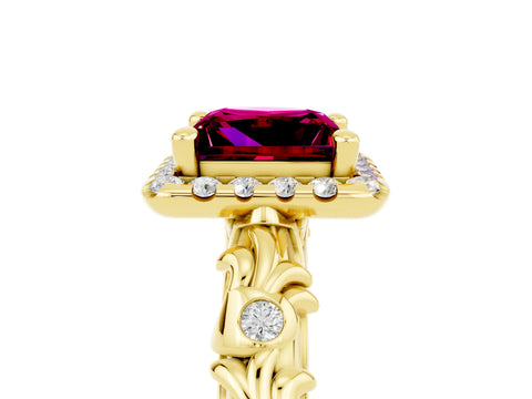 Yellow gold Princess Cut Halo Diamond Solitaire with Filigree Band and Four-Prong Setting_5