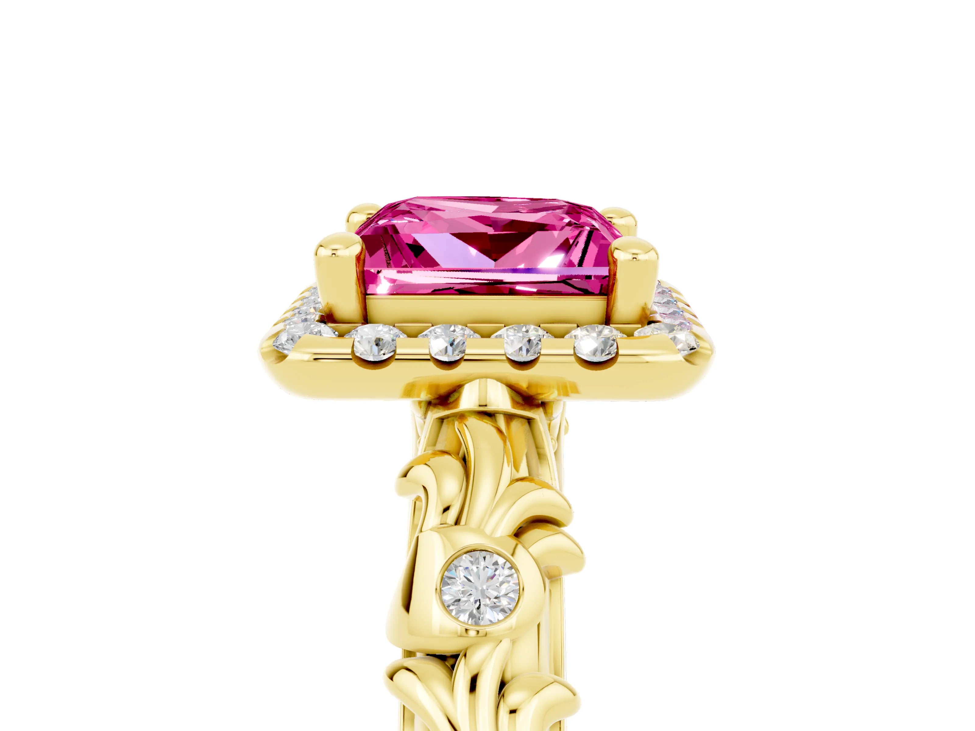 Yellow gold Princess Cut Halo Diamond Solitaire with Filigree Band and Four-Prong Setting_5