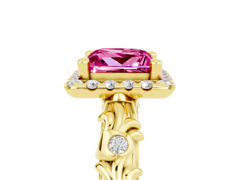 Yellow gold Princess Cut Halo Diamond Solitaire with Filigree Band and Four-Prong Setting_5