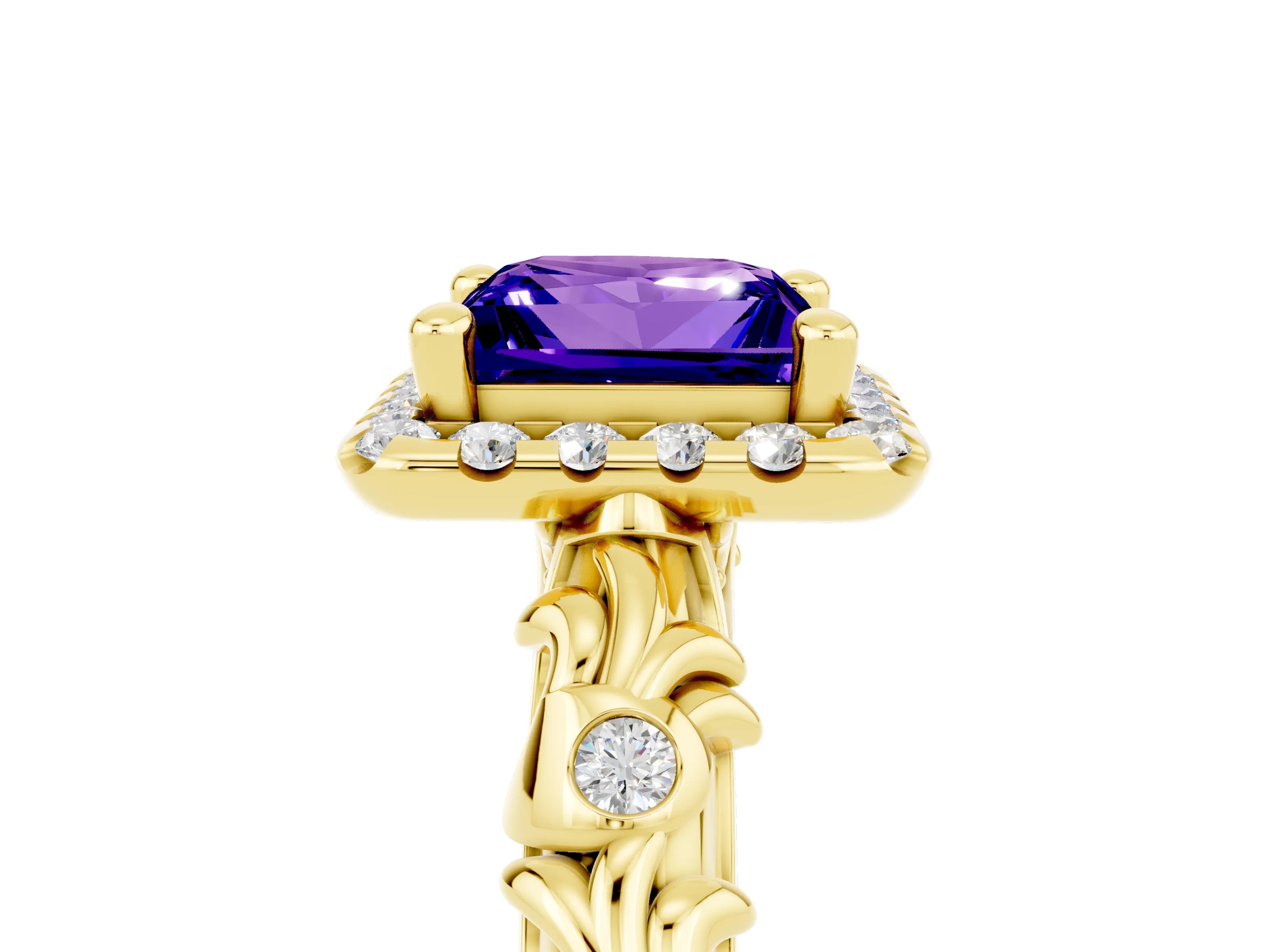 Yellow gold Princess Cut Halo Diamond Solitaire with Filigree Band and Four-Prong Setting_5