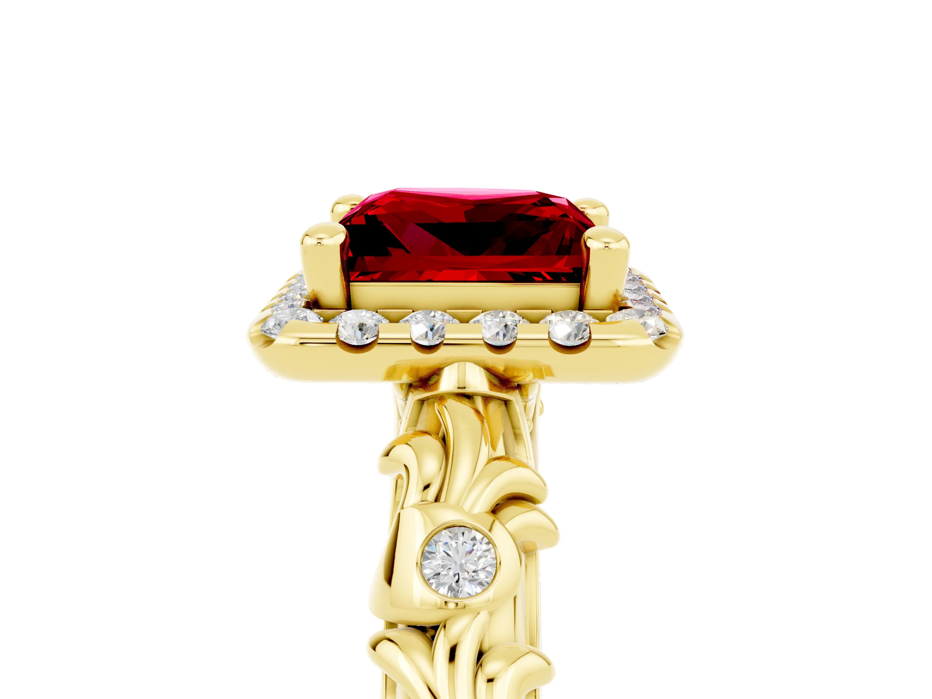 Yellow gold Princess Cut Halo Diamond Solitaire with Filigree Band and Four-Prong Setting_5