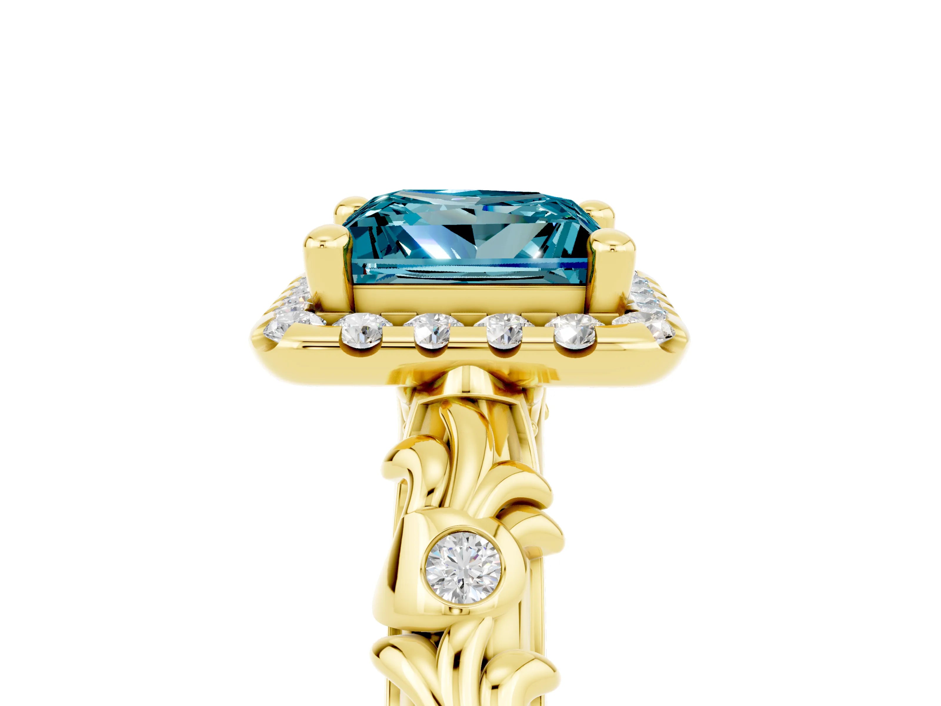 Yellow gold Princess Cut Halo Diamond Solitaire with Filigree Band and Four-Prong Setting_5