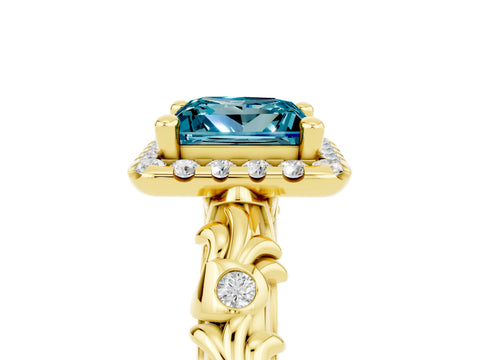 Yellow gold Princess Cut Halo Diamond Solitaire with Filigree Band and Four-Prong Setting_5