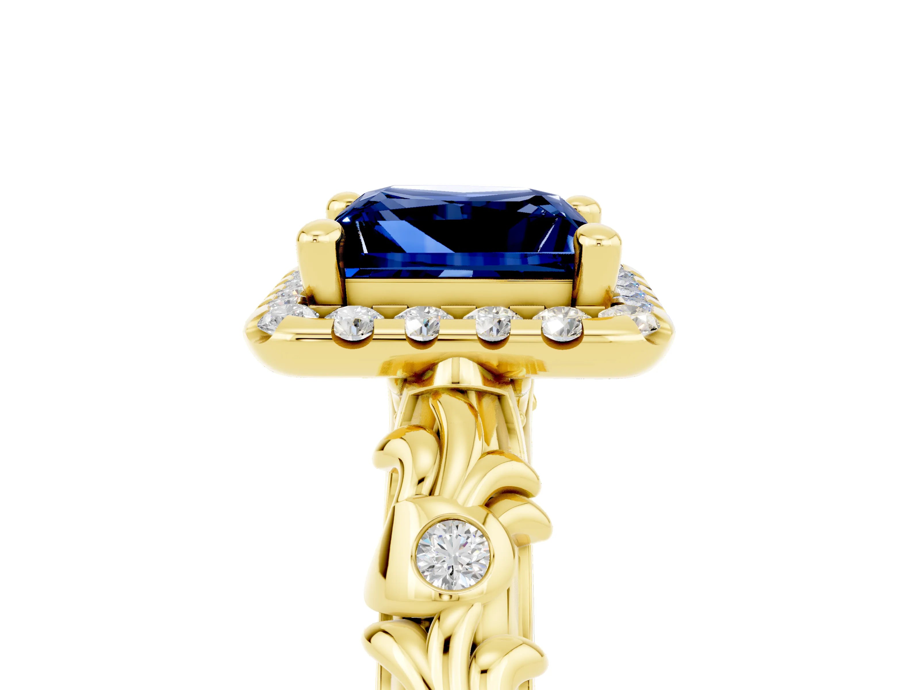 Yellow gold Princess Cut Halo Diamond Solitaire with Filigree Band and Four-Prong Setting_5