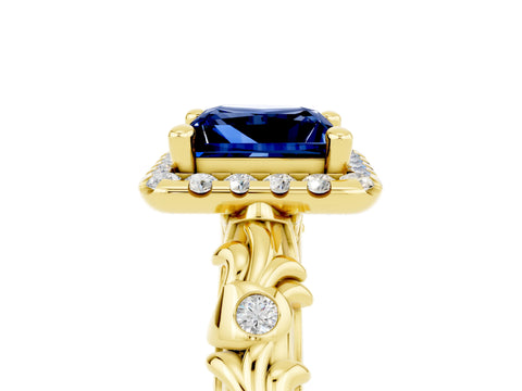 Yellow gold Princess Cut Halo Diamond Solitaire with Filigree Band and Four-Prong Setting_5