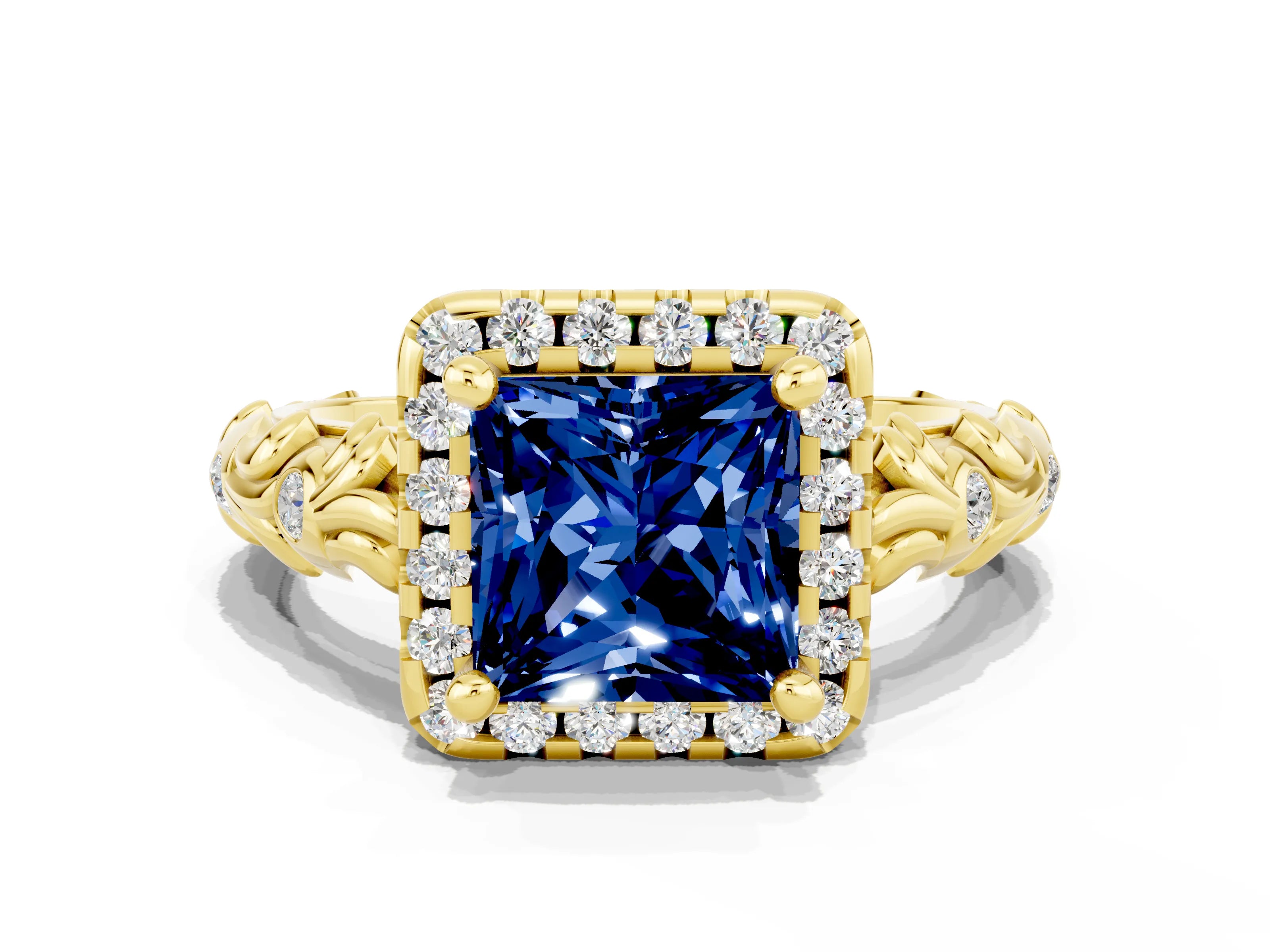 Yellow gold Princess Cut Halo Diamond Solitaire with Filigree Band and Four-Prong Setting