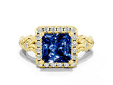 Yellow gold Princess Cut Halo Diamond Solitaire with Filigree Band and Four-Prong Setting
