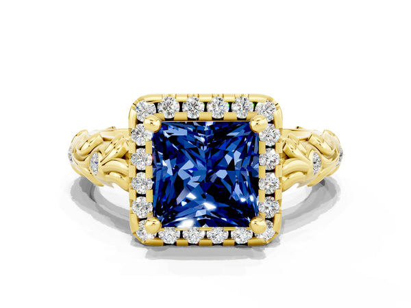 Yellow gold Princess Cut Blue Sapphire Halo Ring with Filigree Band and Prong Setting