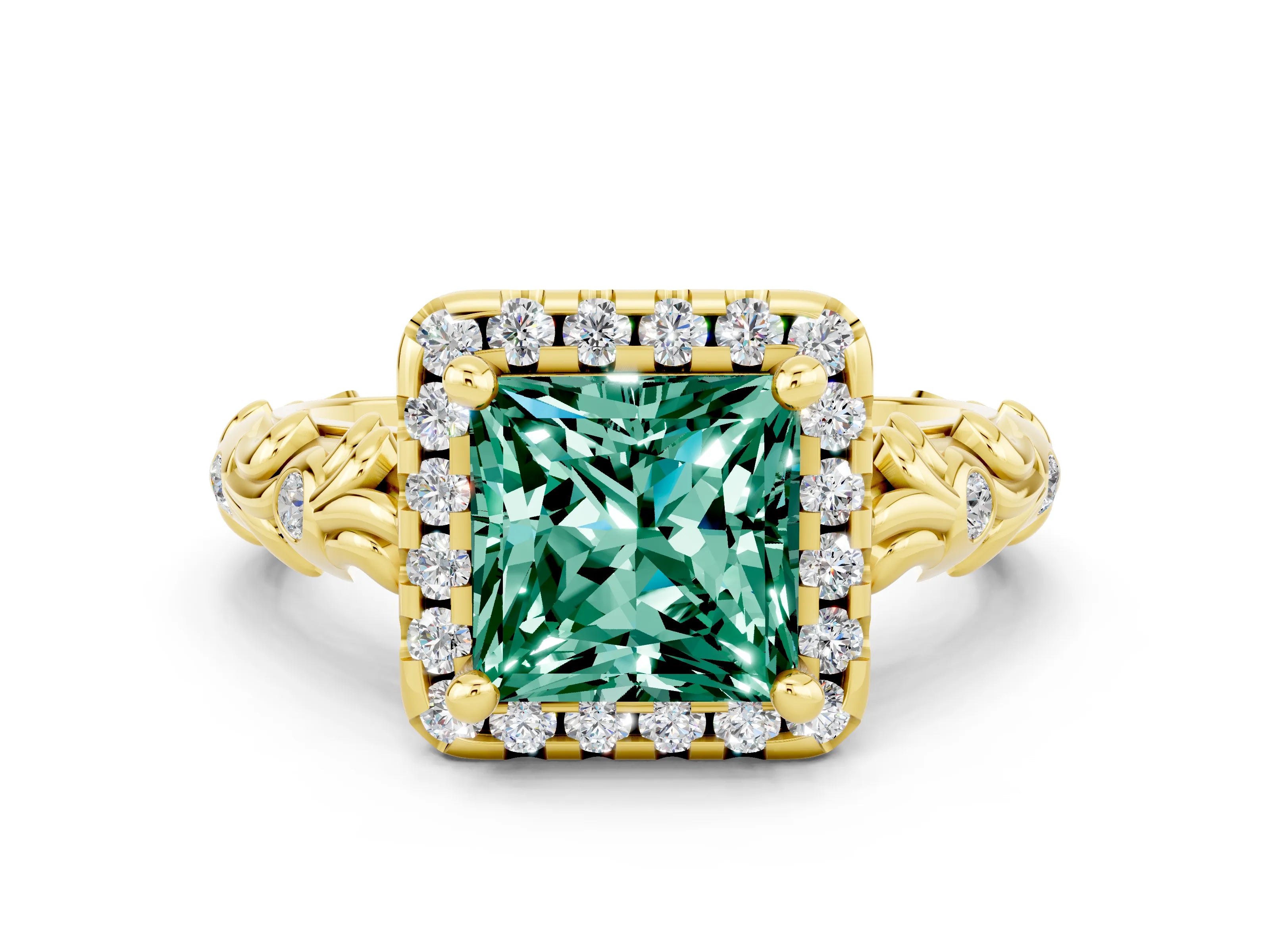 Yellow gold Princess Cut Halo Diamond Solitaire with Filigree Band and Four-Prong Setting