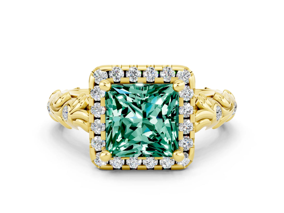 Yellow gold Princess Cut Halo Diamond Solitaire with Filigree Band and Four-Prong Setting