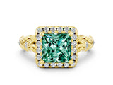 Yellow gold Princess Cut Halo Diamond Solitaire with Filigree Band and Four-Prong Setting