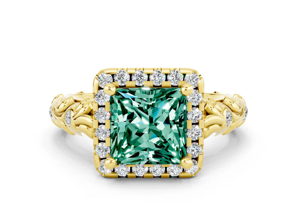 Yellow gold Princess Cut Green Sapphire Halo Ring with Filigree Band and Prong Setting