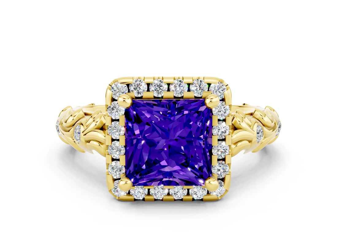 Yellow gold Princess Cut Halo Diamond Solitaire with Filigree Band and Four-Prong Setting