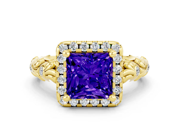 Yellow gold Princess Cut Tanzanite Halo Ring with Filigree Band and Prong Setting