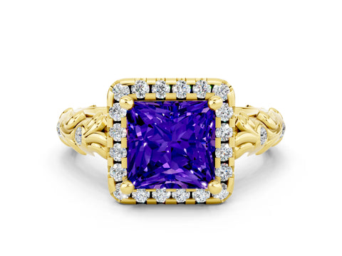 Yellow gold Princess Cut Halo Diamond Solitaire with Filigree Band and Four-Prong Setting