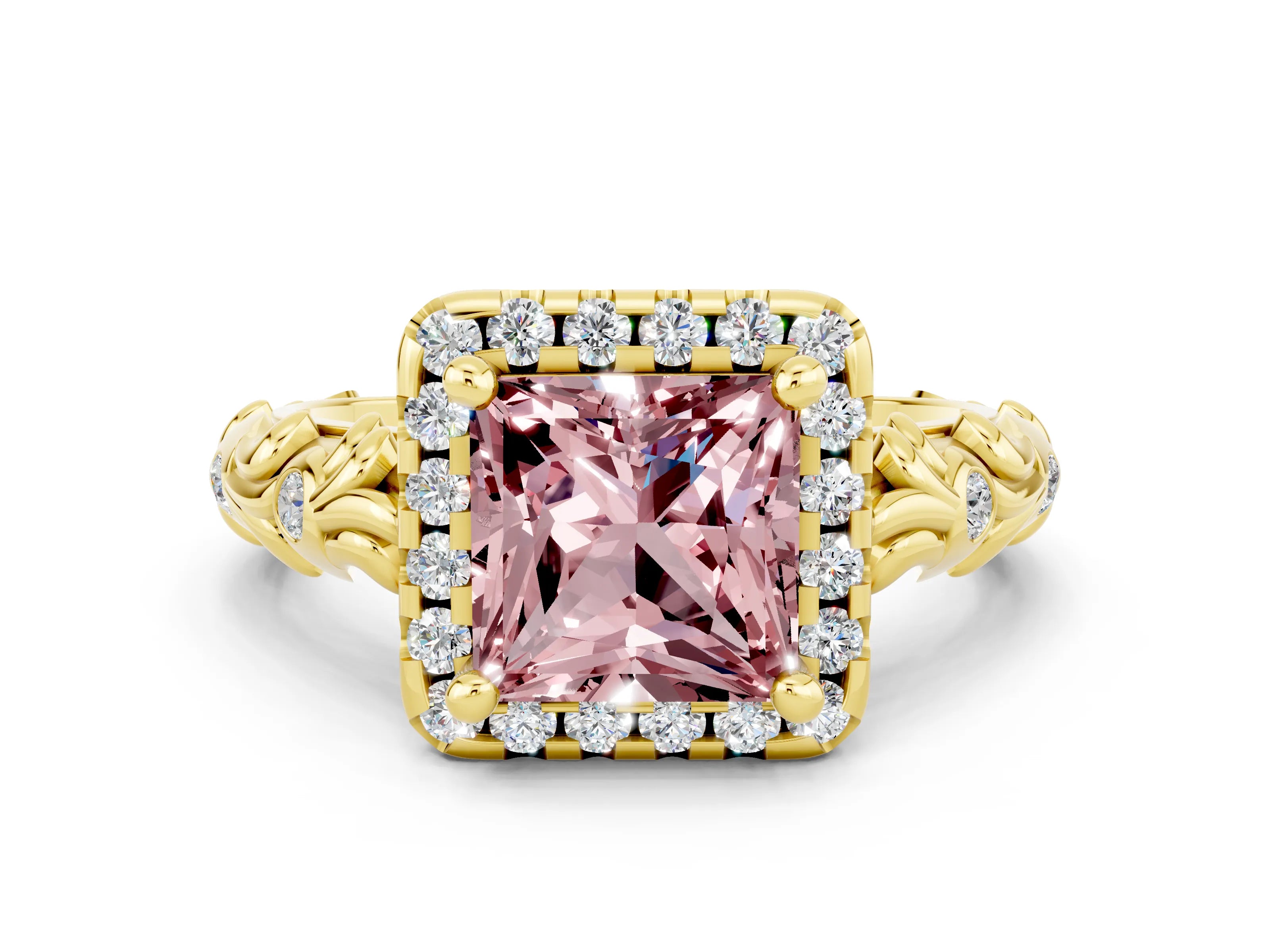 Yellow gold Princess Cut Halo Diamond Solitaire with Filigree Band and Four-Prong Setting