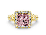 Yellow gold Princess Cut Halo Diamond Solitaire with Filigree Band and Four-Prong Setting