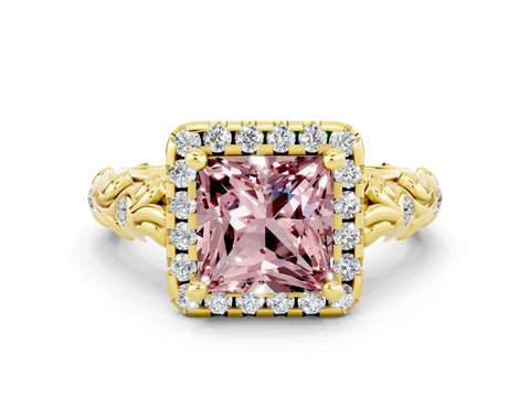 Yellow gold Princess Cut Halo Diamond Solitaire with Filigree Band and Four-Prong Setting
