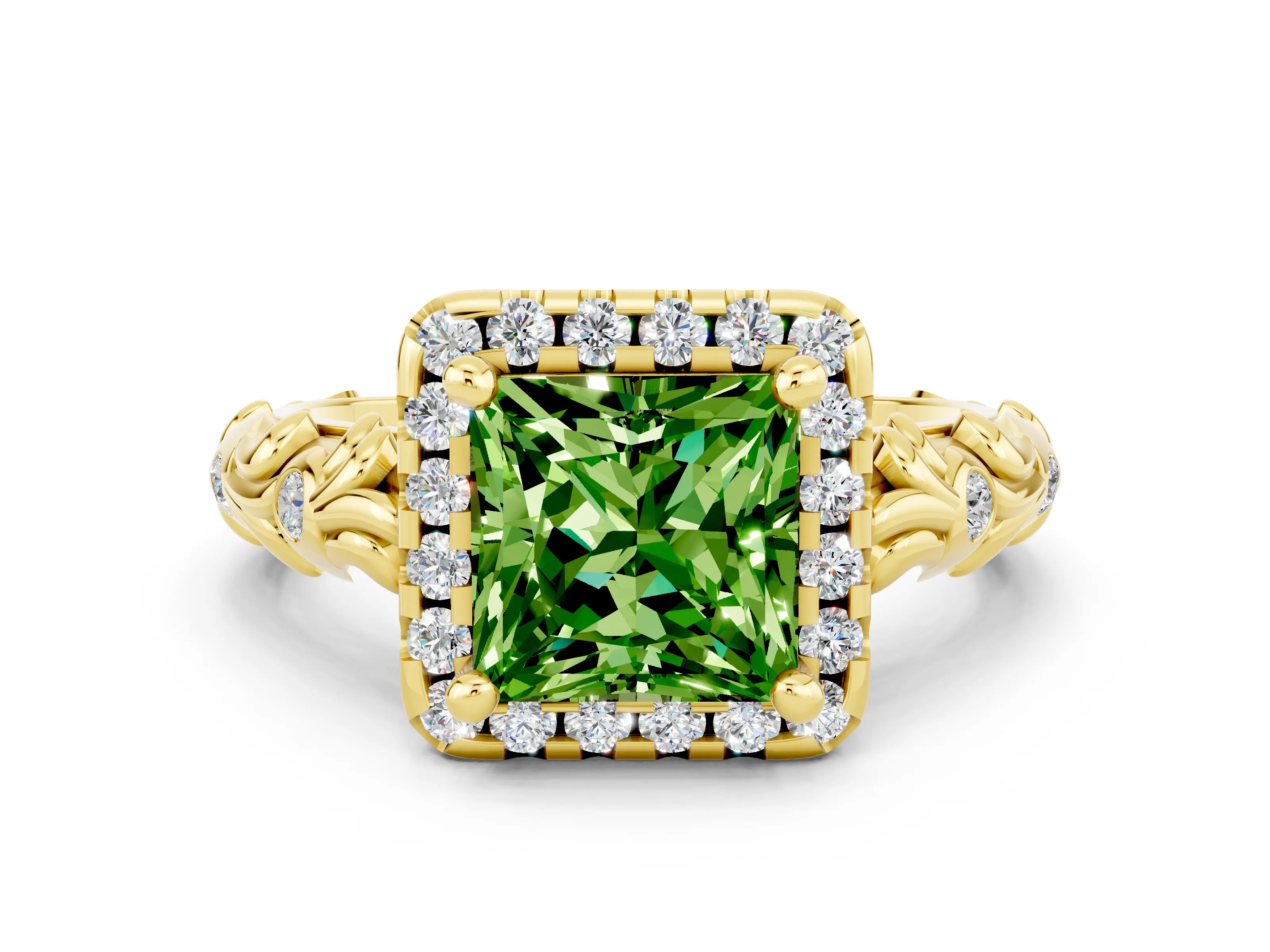 Yellow gold Princess Cut Halo Diamond Solitaire with Filigree Band and Four-Prong Setting