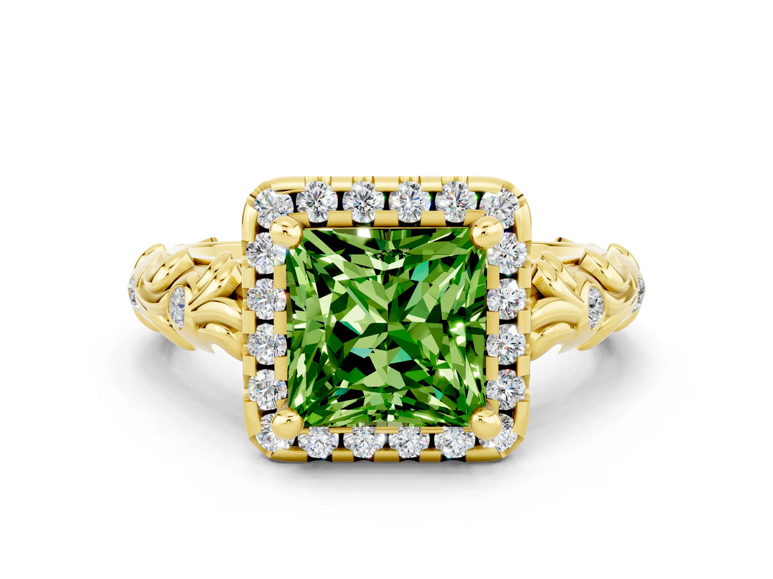 Yellow gold Princess Cut Halo Diamond Solitaire with Filigree Band and Four-Prong Setting