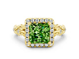 Yellow gold Princess Cut Halo Diamond Solitaire with Filigree Band and Four-Prong Setting