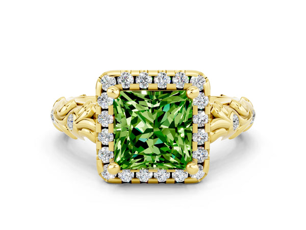 Yellow gold Princess Cut Peridot Halo Ring with Filigree Band and Prong Setting