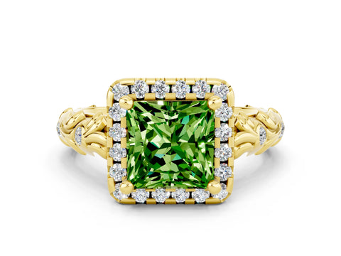 Yellow gold Princess Cut Halo Diamond Solitaire with Filigree Band and Four-Prong Setting