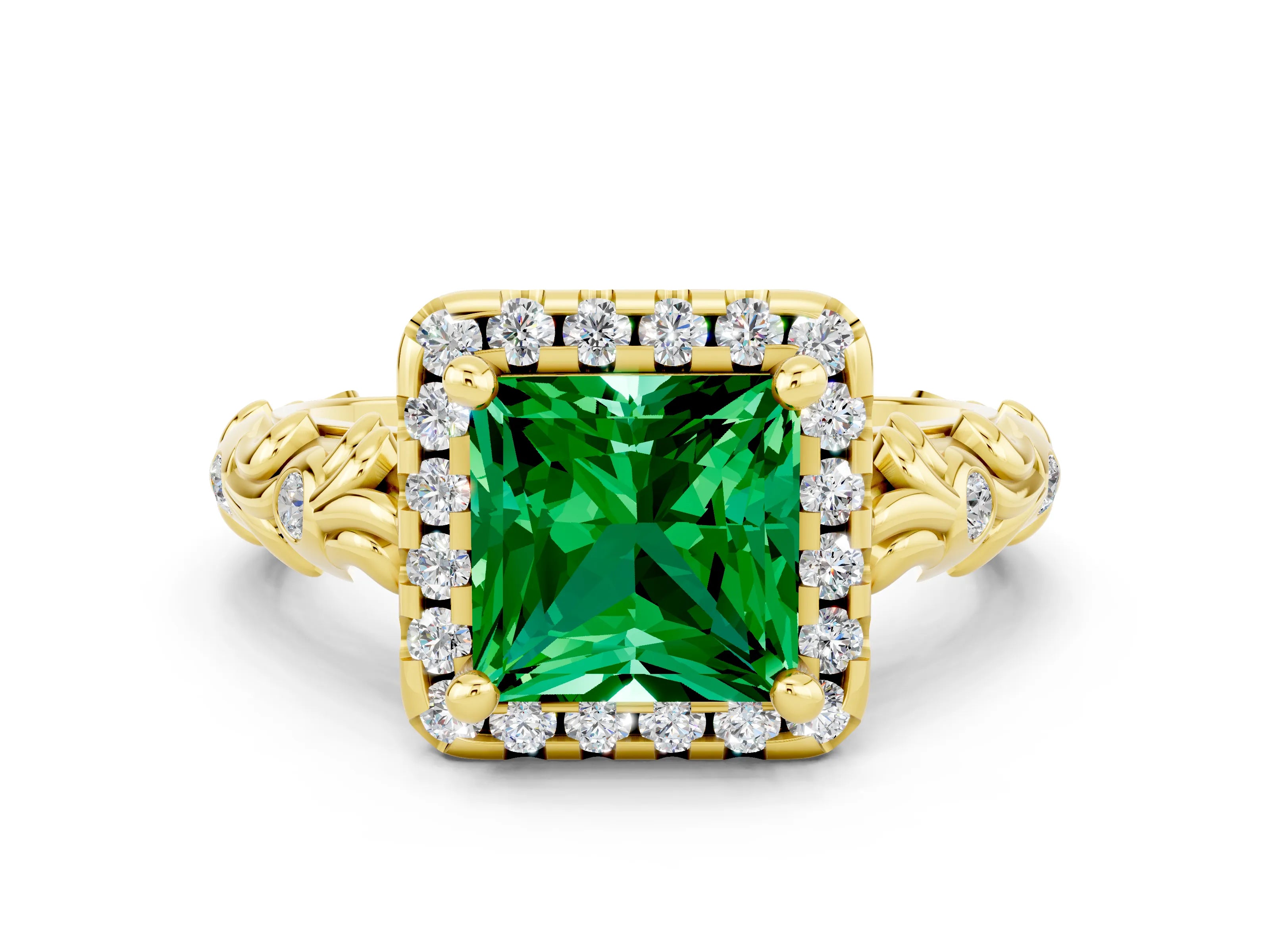 Yellow gold Princess Cut Halo Diamond Solitaire with Filigree Band and Four-Prong Setting