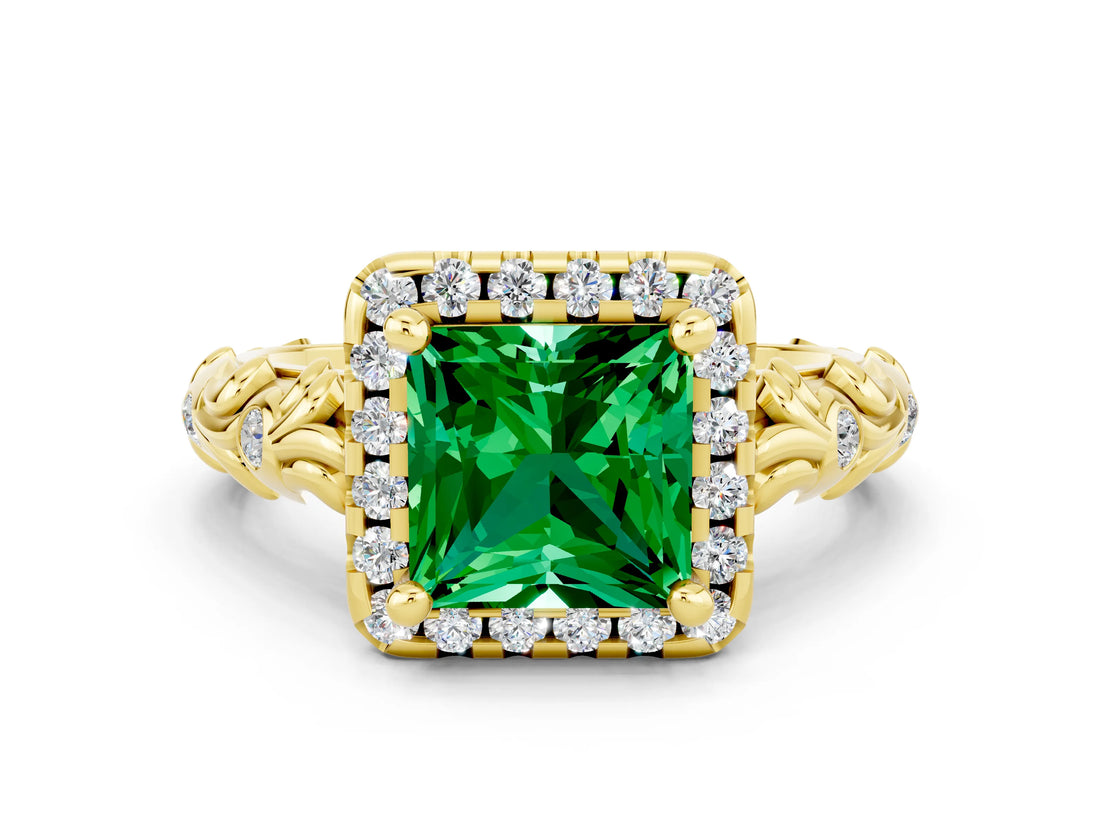 Yellow gold Princess Cut Halo Diamond Solitaire with Filigree Band and Four-Prong Setting