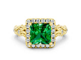 Yellow gold Princess Cut Halo Diamond Solitaire with Filigree Band and Four-Prong Setting