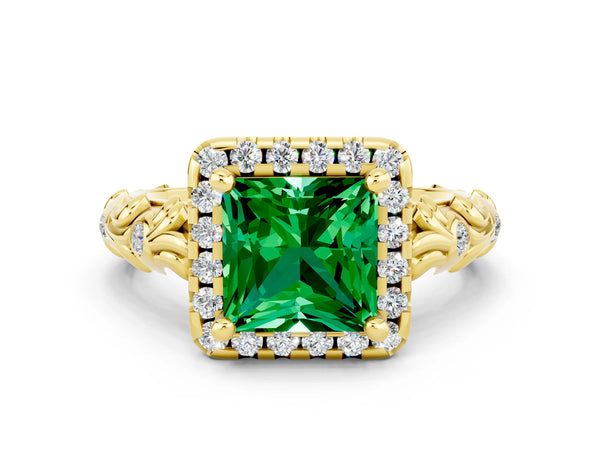 Yellow gold Princess Cut Emerald Halo Ring with Filigree Band and Prong Setting