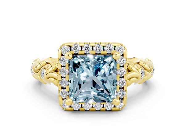 Yellow gold Princess Cut Aquamarine Halo Ring with Filigree Band and Prong Setting