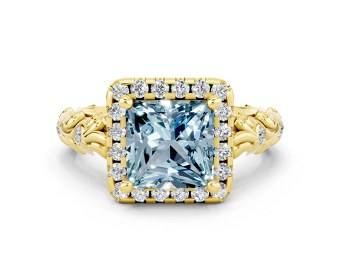 Yellow gold Princess Cut Halo Diamond Solitaire with Filigree Band and Four-Prong Setting
